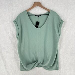 Coin 1804 Ribbed‎ Textured V Neck Cap Sleeve Twist Knot Front Top